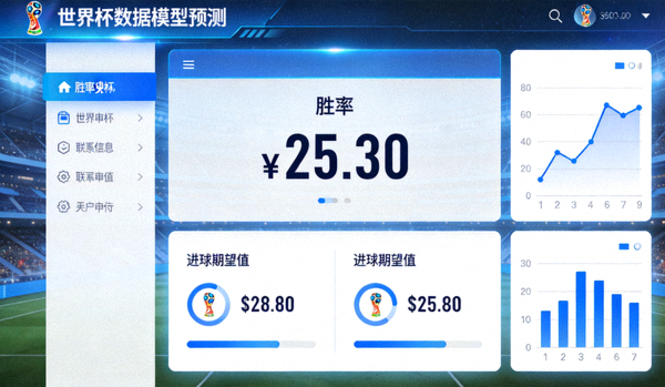 世界杯数据模型预测界面，显示胜率、进球期望值等指标